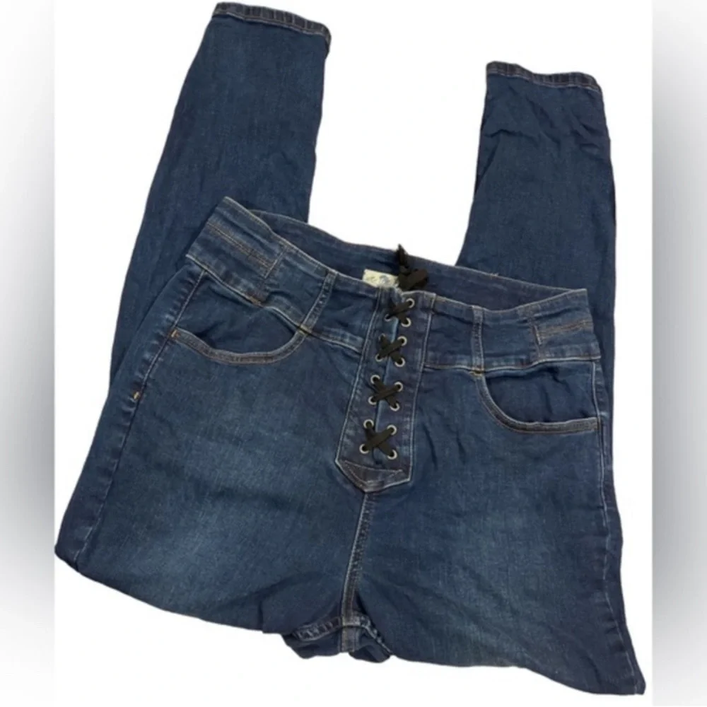Free People We The Free Sz 32 blue High Rise Lace Up Jeans Lovers Knot - Picture 7 of 7